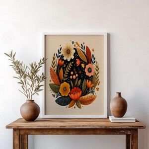 Folklorico Christmas Wreath Art Print, Mexican Folk Art Fall Ornament Decor